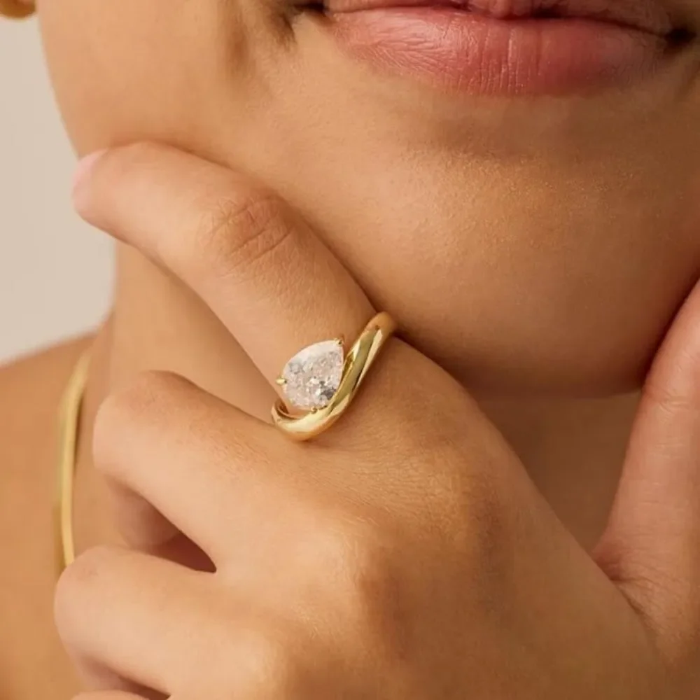 14K Yellow Gold Wavy Diamond Engagement Ring Pear Cut Solitaire Statement Ring